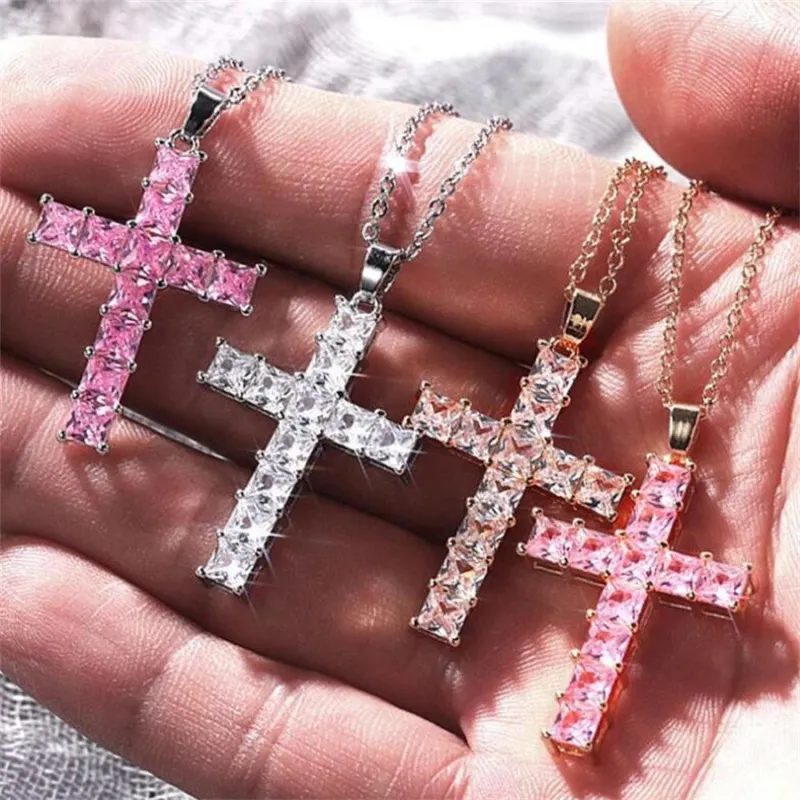 Women's Fashion Cross Rhinestone Pendant Necklace Alloy Side Chain