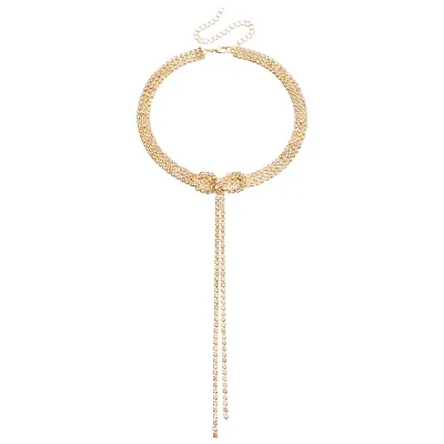 Fashion Women Rhinestone Bow Tassel Party Collar Necklace
