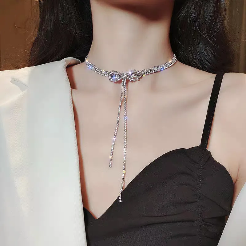 Fashion Women Rhinestone Bow Tassel Party Collar Necklace