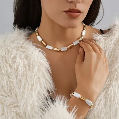 Fashion Women Geometric Square Pearl Metal Beads Necklace Bracelet Set