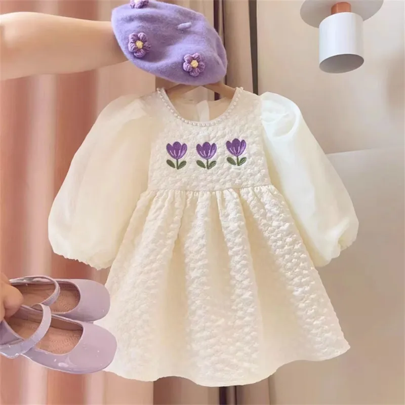 Kids Toddler Girls Casual French Style Cute Embroidery Flower Puff Sleeve Round Neck A-Line Dress