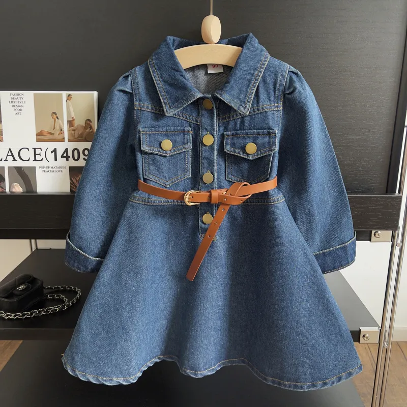 Kids Toddler Girls Casual Fashion Long Sleeve Lapel Denim A-Line Dress