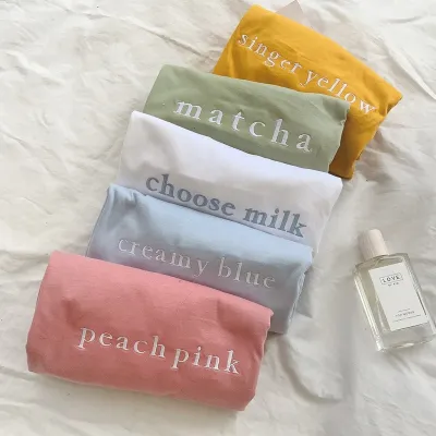 Women Summer Candy Color Letter Embroidery Loose Crewneck T-Shirt