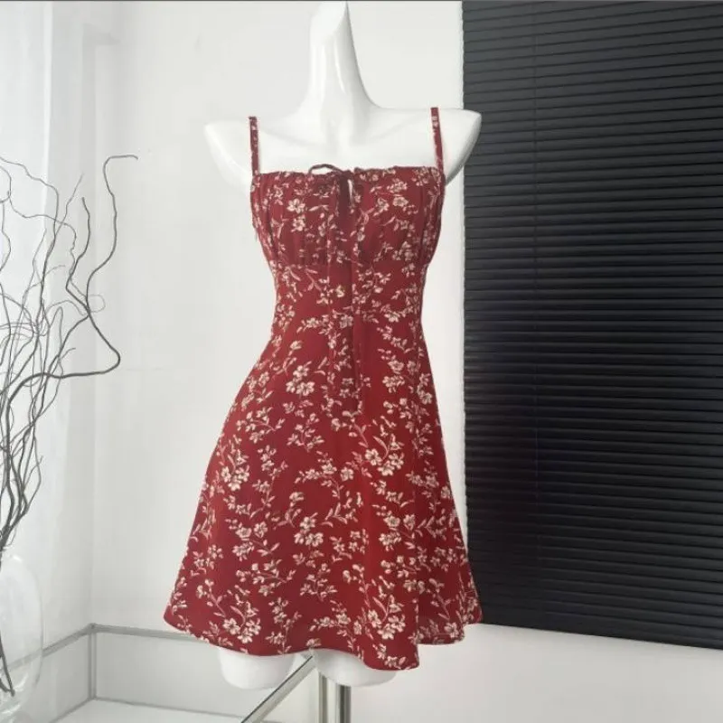 Spaghetti Strap Floral Print Lace-Up Slim-Fit Women Vacation Dress
