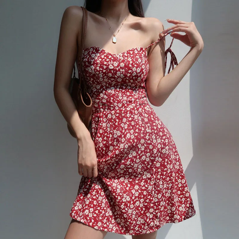 Vintage Women Summer Vacation V-Neck Red Tiny Flower Sling Dress