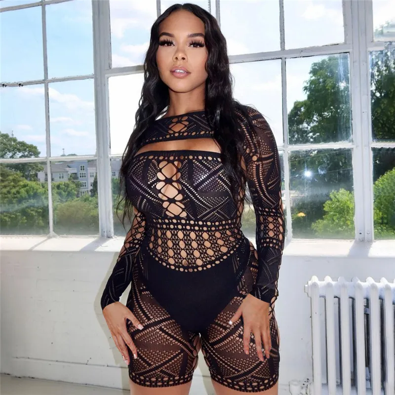 Women Sexy Hollow Lace High Waist Tight Knitted Long-Sleeve Rompers