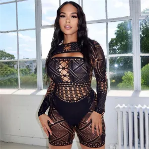 Women Sexy Hollow Lace High Waist Tight Knitted Long-Sleeve Rompers