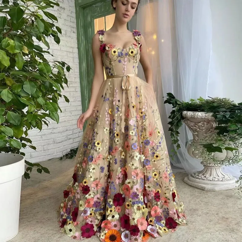 Women Floral Embroidered Sling Party Dress