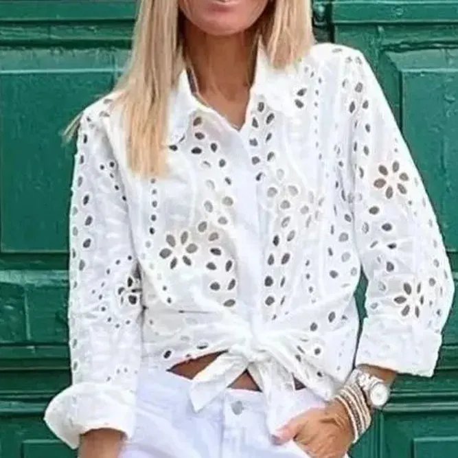 Women Casual Hollow Long Sleeve Cotton Blouse