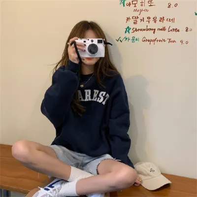 Women Fashion Letter Embroidered Fleece Crewneck Long Sleeve Sweatshirt