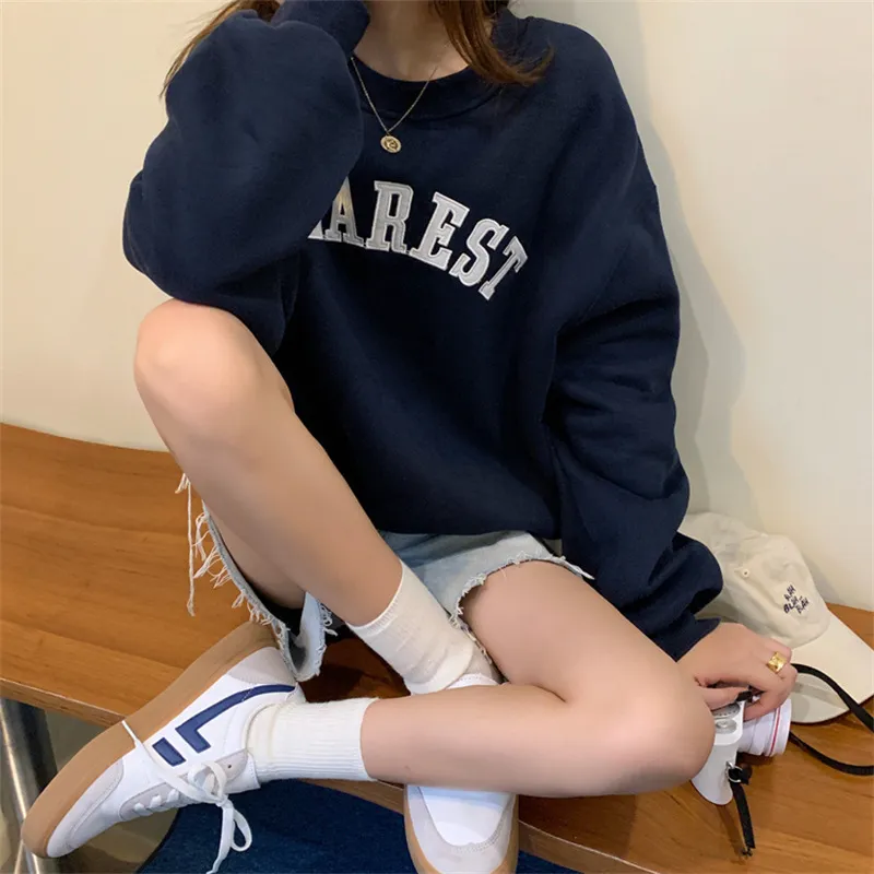Women Fashion Letter Embroidered Fleece Crewneck Long Sleeve Sweatshirt
