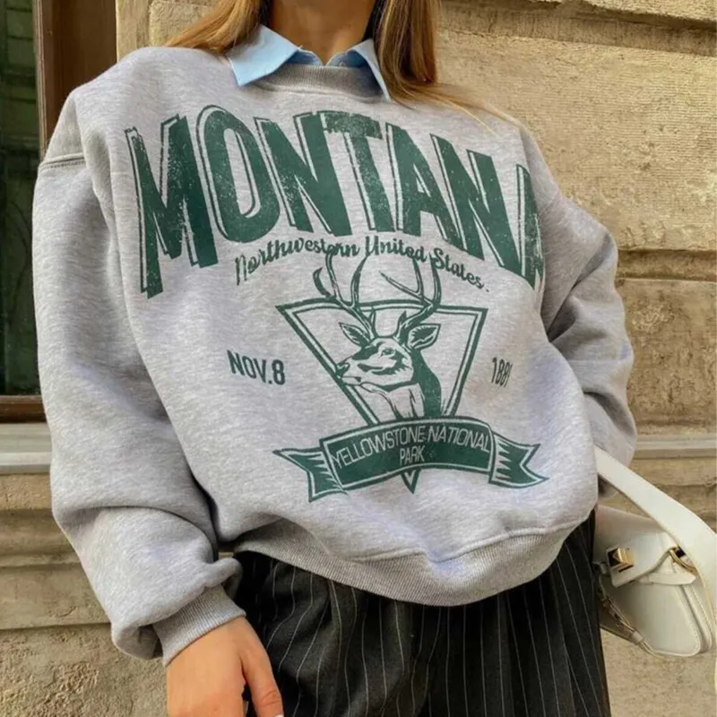 Women Fashion Loose Deer Head Letter Print Round Neck Long Sleeve Sweatshirt