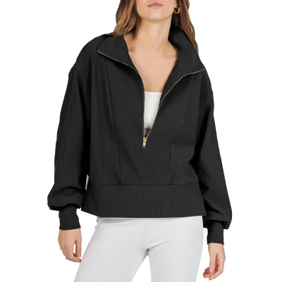 Women Casual Long Sleeve Half Zip Pullover Sweatshirt - Japanese Korean Style Lapel Collar Solid Color