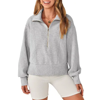 Women Casual Long Sleeve Half Zip Pullover Sweatshirt - Japanese Korean Style Lapel Collar Solid Color