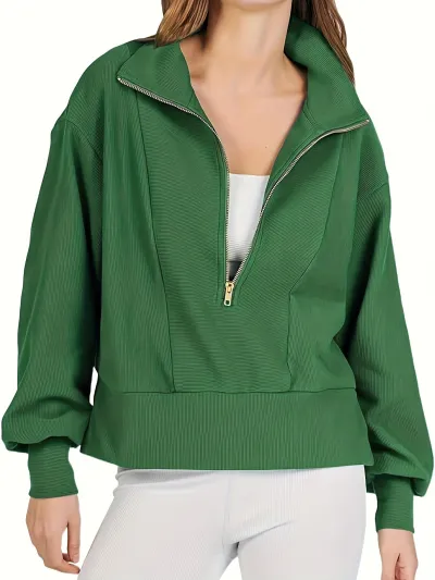 Women Casual Long Sleeve Half Zip Pullover Sweatshirt - Japanese Korean Style Lapel Collar Solid Color