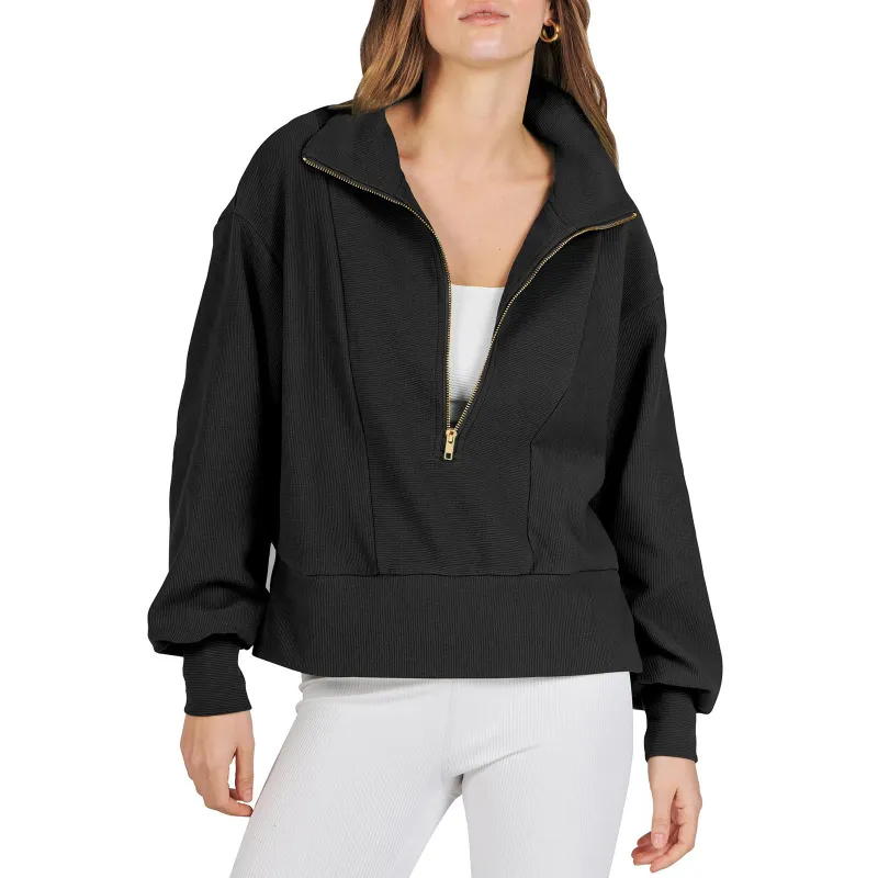 Women Casual Long Sleeve Half Zip Pullover Sweatshirt - Japanese Korean Style Lapel Collar Solid Color