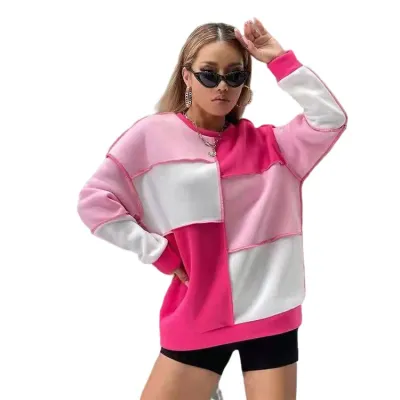 Women's Loose Fit Plaid Color Block Pullover Sweatshirt