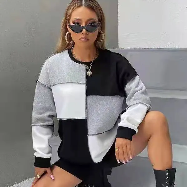 Women's Loose Fit Plaid Color Block Pullover Sweatshirt