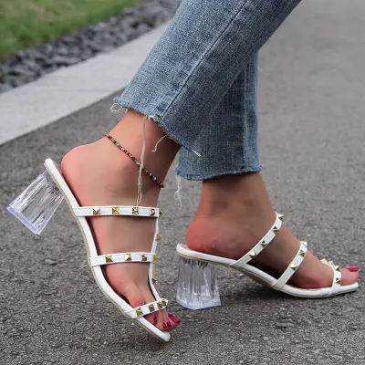 Women Fashion Plus Size Sexy Studded Transparent Chunky Heel Slippers