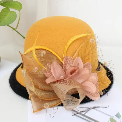 Vintage Elegant Feather Mesh Floral Woolen Hat