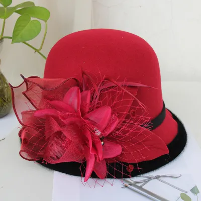 Vintage Elegant Feather Mesh Floral Woolen Hat