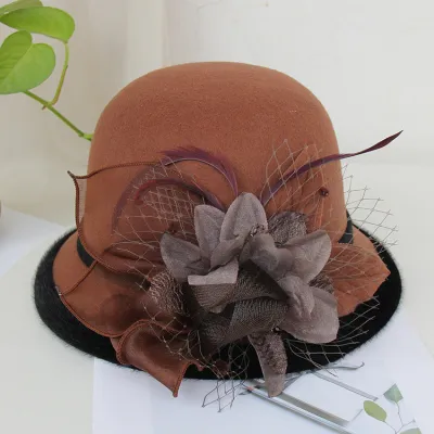 Vintage Elegant Feather Mesh Floral Woolen Hat