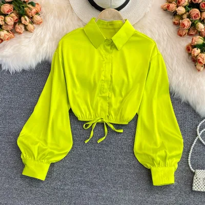 Women Casual Solid Color Polo Collar Bubble Sleeve Blouse