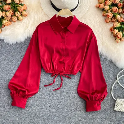 Women Casual Solid Color Polo Collar Bubble Sleeve Blouse