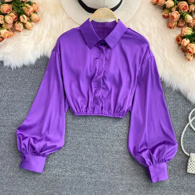 Women Casual Solid Color Polo Collar Bubble Sleeve Blouse