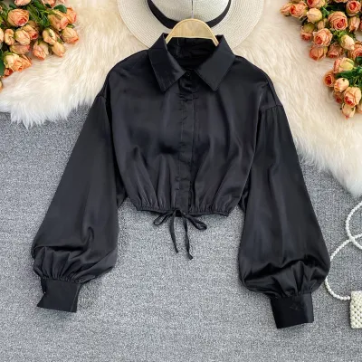 Women Casual Solid Color Polo Collar Bubble Sleeve Blouse