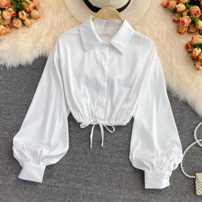 Women Casual Solid Color Polo Collar Bubble Sleeve Blouse