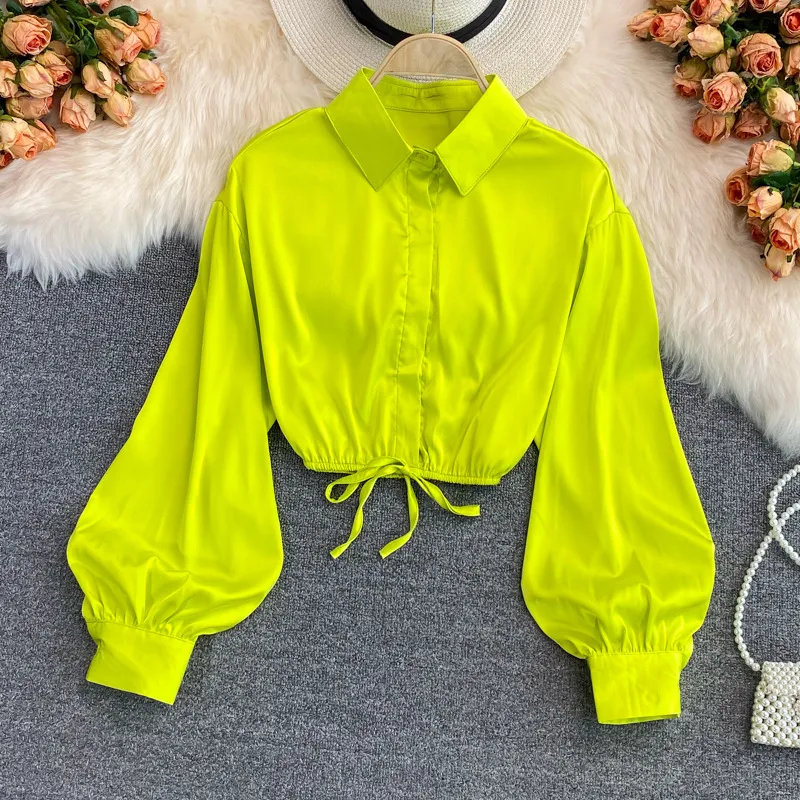 Women Casual Solid Color Polo Collar Bubble Sleeve Blouse
