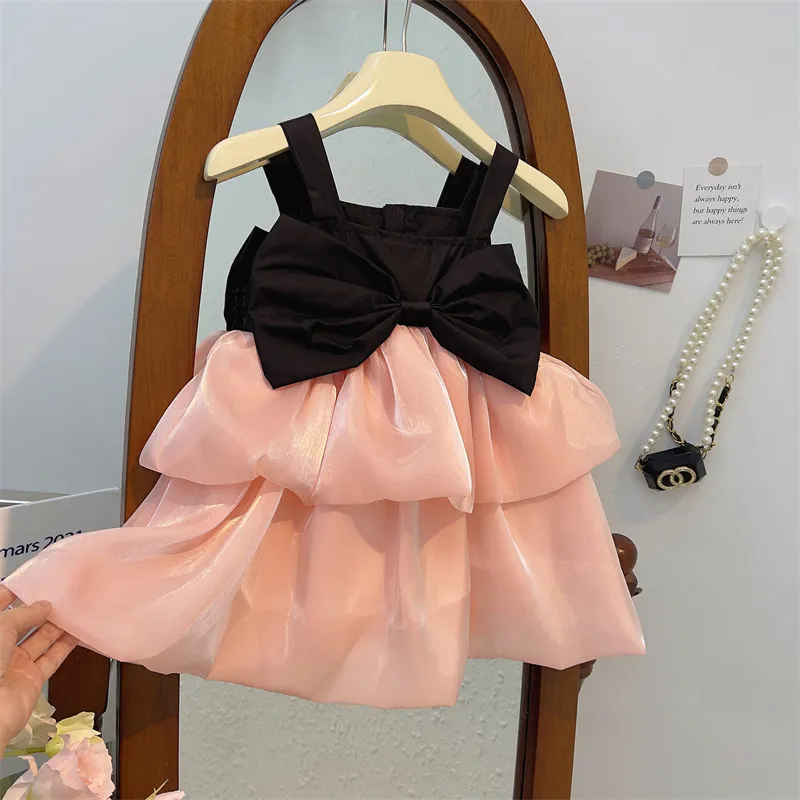 Girls Toddler Summer Chic Fashion Bow Colorblock Cami Mesh Dress Sleeveless A-Line
