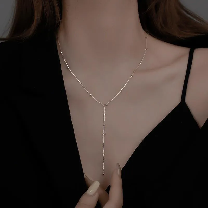 Women's Simple Round Bead Tassel Geometric Long Necklace