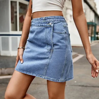 Womens Denim A-Line Skirt with Irregular Buttons - Street Style