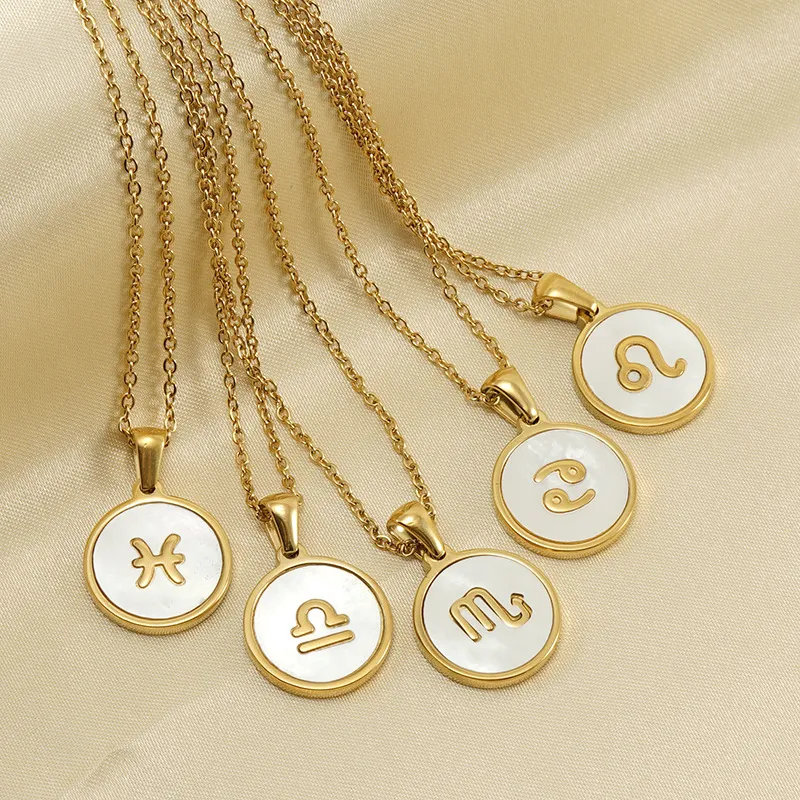 Women Fashion Stainless Steel Twelve Zodiac Round Pendant Necklace