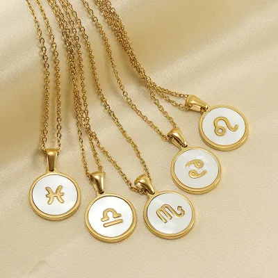 Women Fashion Stainless Steel Twelve Zodiac Round Pendant Necklace