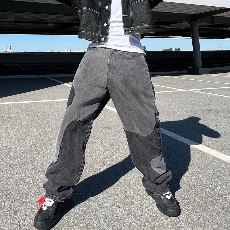 Men Fashion Vintage Colorblock Loose Straight Jeans