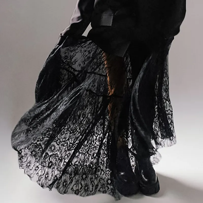 Women Gothic Lace Hollow-Out High Waist Mesh Vintage See-Through Skirt