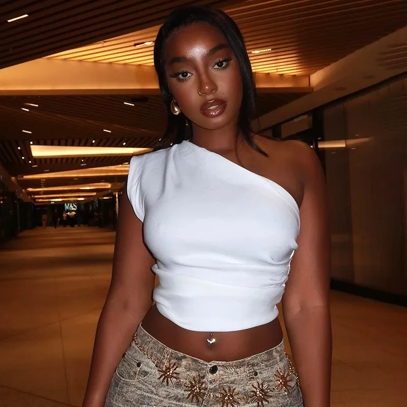 Fashion Women Asymmetric One Shoulder White Crop Top