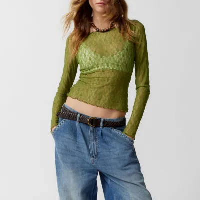 Women Slim-Fit See-Through Lace Blouse Long-Sleeved Pullover Solid Color