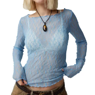 Women Slim-Fit See-Through Lace Blouse Long-Sleeved Pullover Solid Color