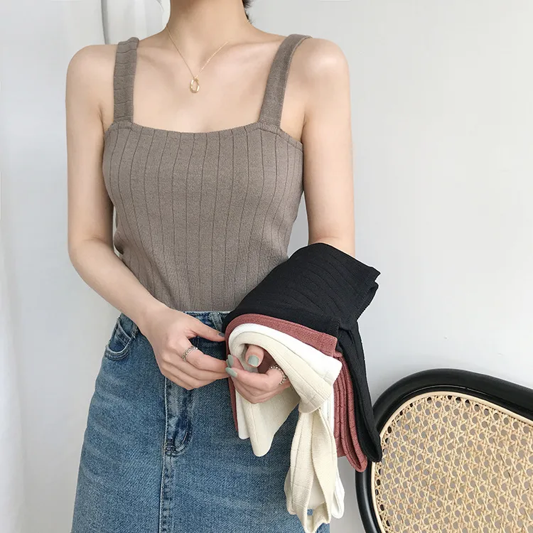 Women Fashion Solid Color Wide Strap Knitted Camis Tank Top