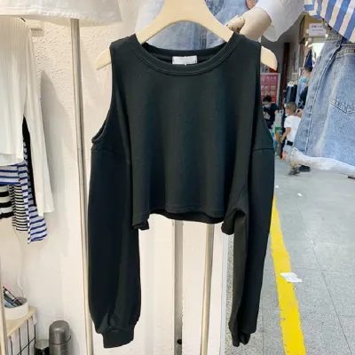 Women Solid Color Cool-Shoulder Crewneck Long-Sleeved Pullover Sweatshirt