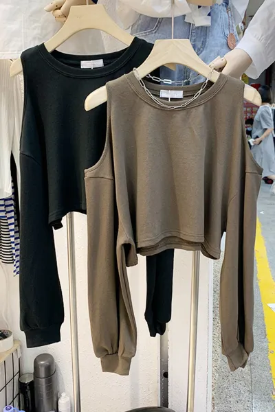 Women Solid Color Cool-Shoulder Crewneck Long-Sleeved Pullover Sweatshirt