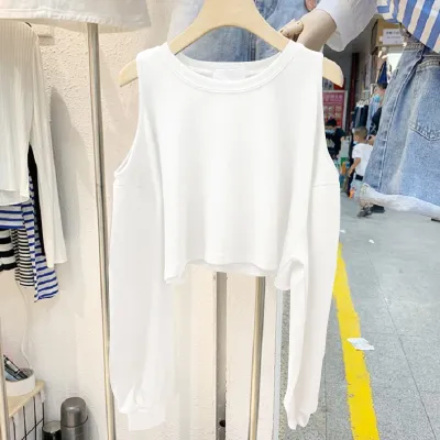 Women Solid Color Cool-Shoulder Crewneck Long-Sleeved Pullover Sweatshirt