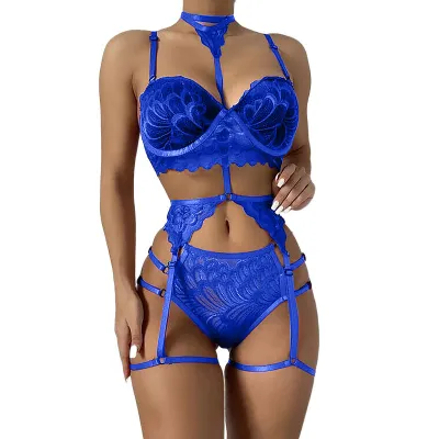 Women Sexy Lace Perspective Bra Panties Garter Set
