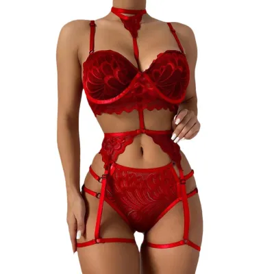 Women Sexy Lace Perspective Bra Panties Garter Set