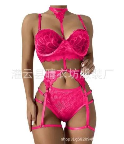 Women Sexy Lace Perspective Bra Panties Garter Set