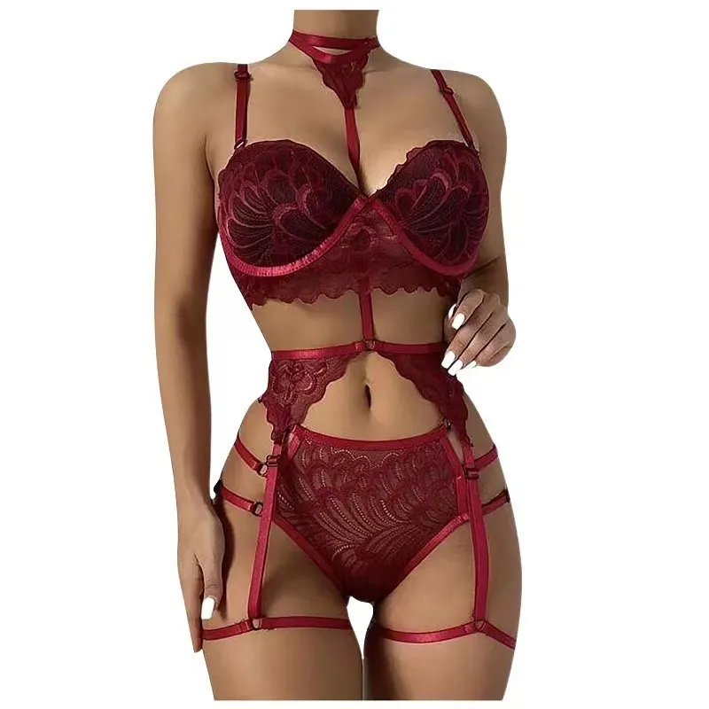 Women Sexy Lace Perspective Bra Panties Garter Set